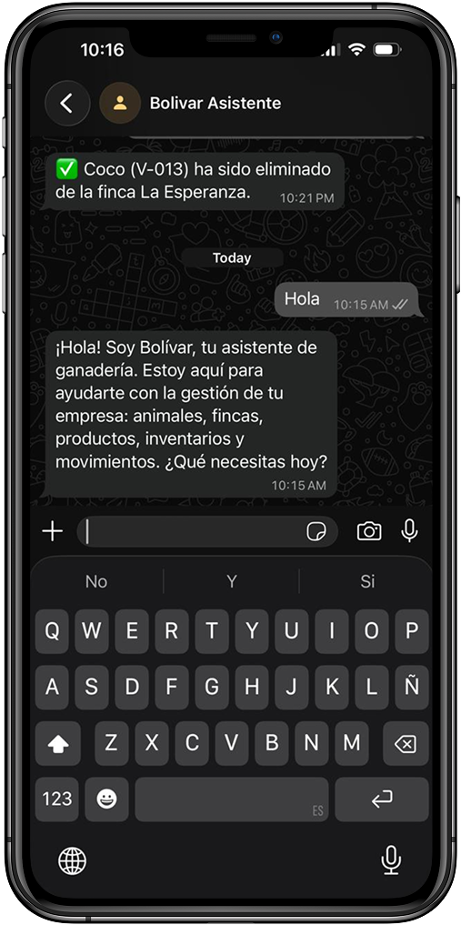 Conversación de WhatsApp con Bolívar, el asistente de ganadería