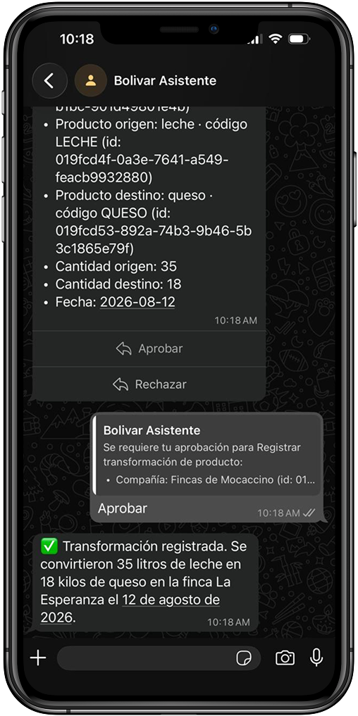 Bolívar pidiendo aprobación antes de registrar una transformación de producto por WhatsApp